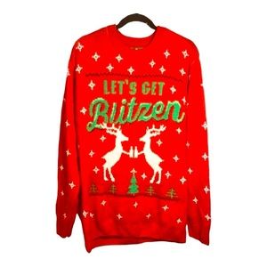 Holiday Party Sweater Mens Red Let's Get Blitzen Christmas Crewneck Sweater XL